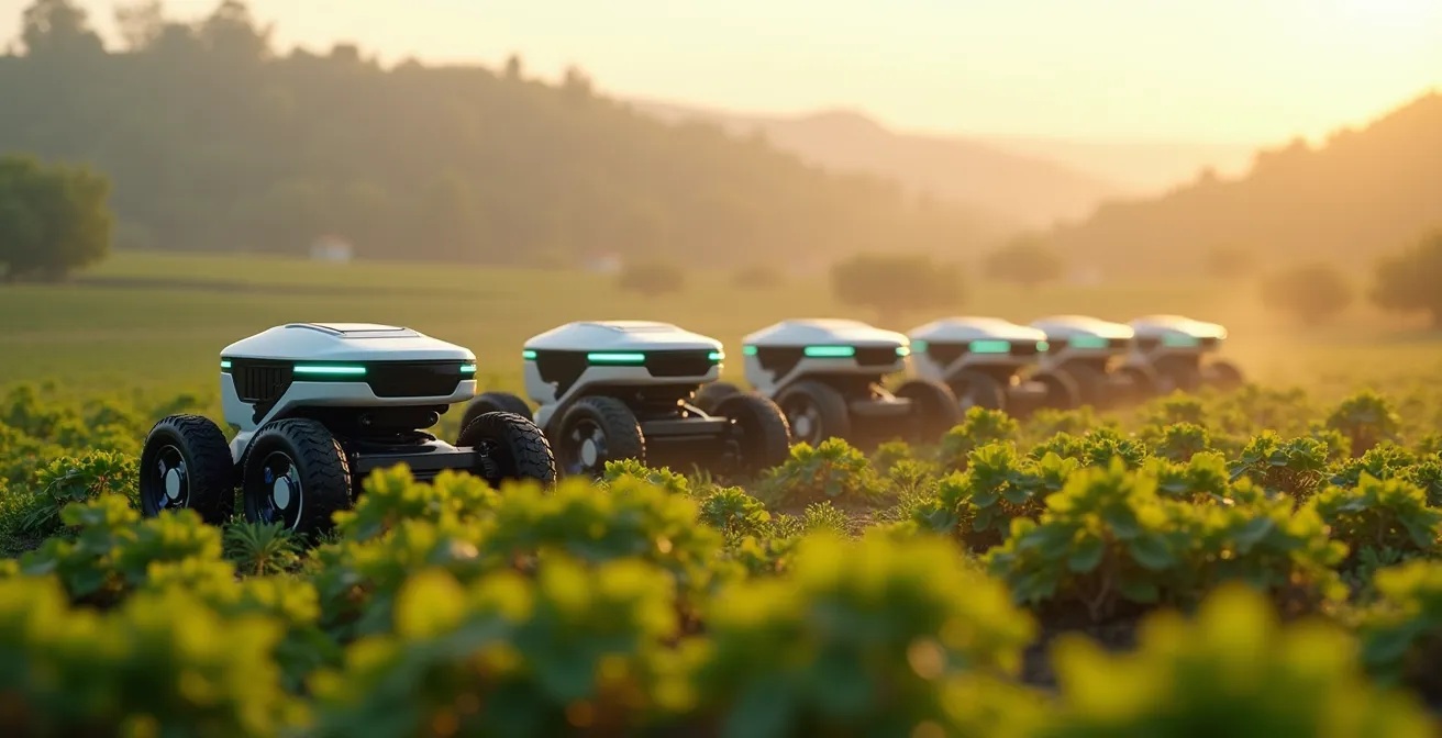 Robots agrícolas especializados trabajando en diferentes tipos de cultivos españoles: fresa, aceituna y vid, mostrando diversidad tecnológica