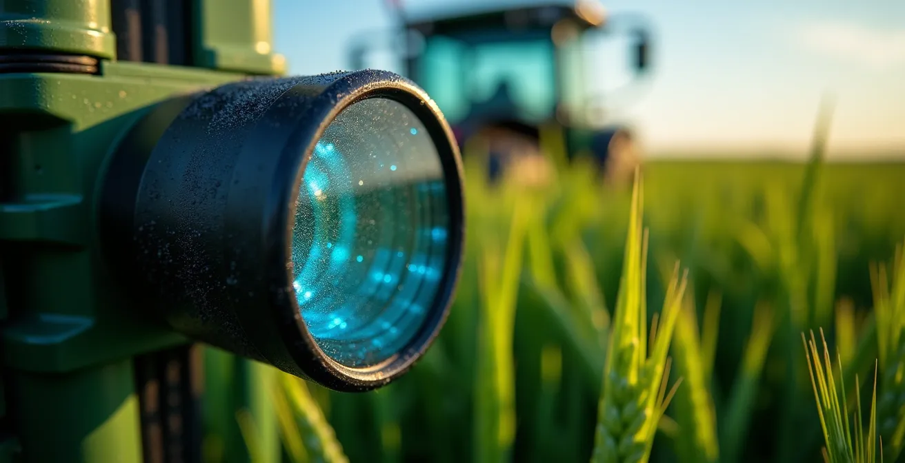 Sensor N-Sensor Yara montado en tractor midiendo índice NDVI en tiempo real, mostrando datos de nitrógeno en pantalla ISOBUS con gradiente de color representando necesidades nutricionales