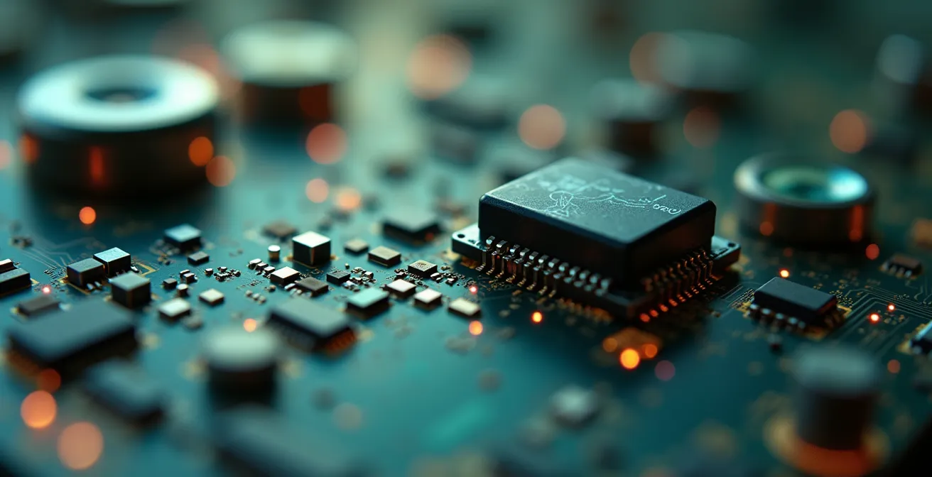 Conjunto de sensores LiDAR, cámaras y receptores GPS en detalle macro sobre una placa de circuito agrícola