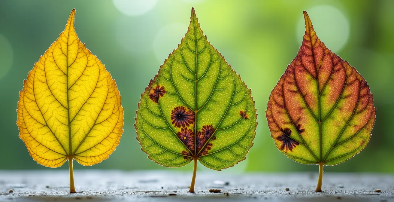 Composición fotográfica de diferentes hojas de plantas mostrando síntomas visuales de deficiencias nutricionales: clorosis férrica, manchas pardas, amarillamiento progresivo en cítricos, tomates y viñedos españoles.