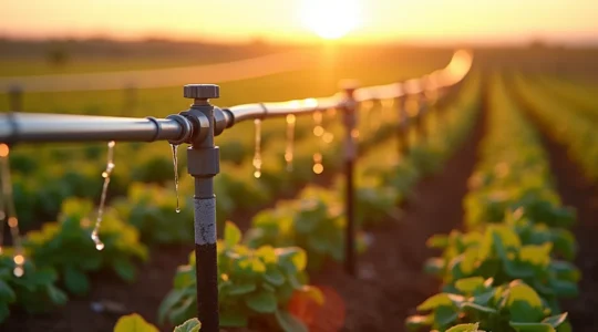 Imagen editorial de un sistema de riego por goteo moderno en campo agrícola español con tuberías, goteros y cultivos en primer plano, mostrando la tecnología de riego eficiente bajo luz natural