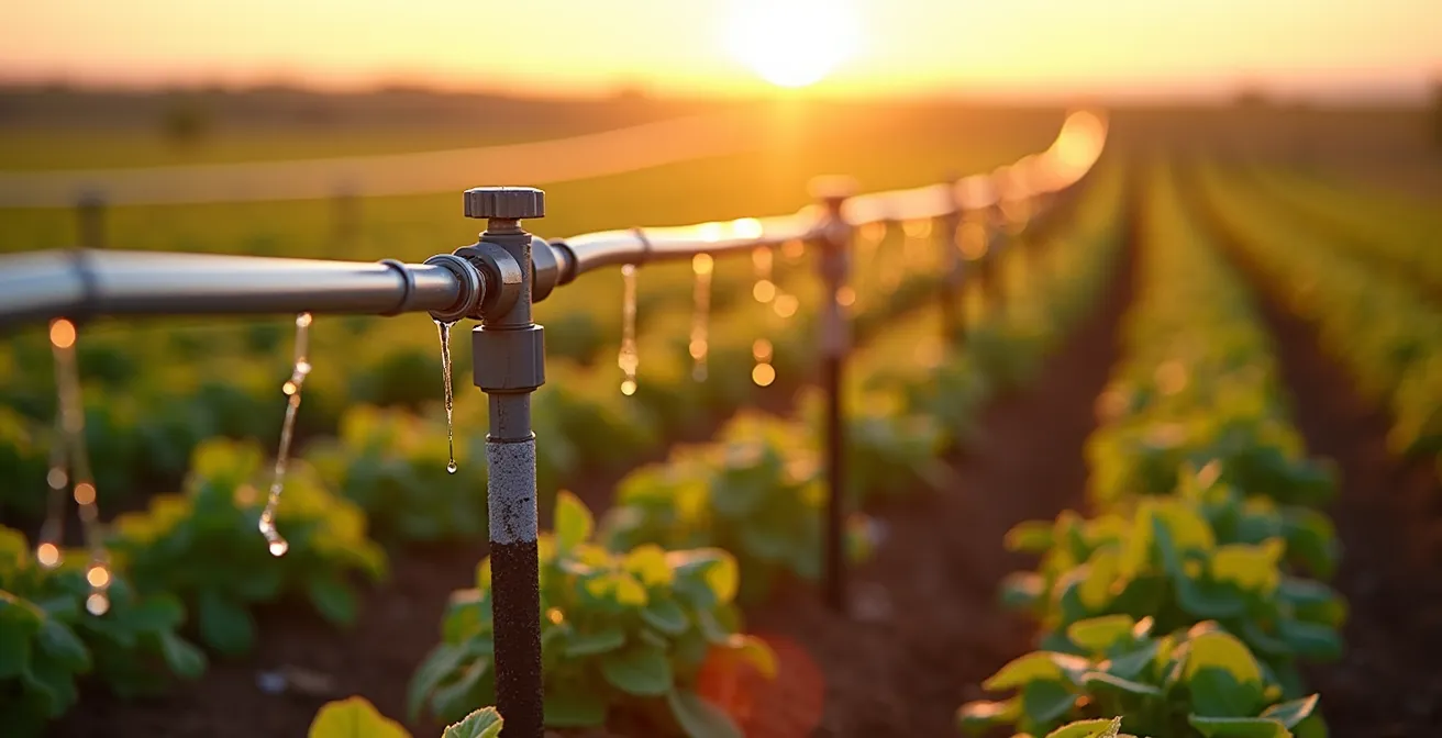 Imagen editorial de un sistema de riego por goteo moderno en campo agrícola español con tuberías, goteros y cultivos en primer plano, mostrando la tecnología de riego eficiente bajo luz natural