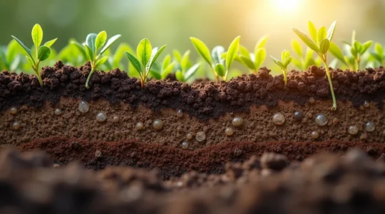 Primer plano detallado de suelo vivo con materia orgánica en descomposición, raíces visibles, hongos microscópicos y ecosistema edáfico completo, contexto agrícola español con cultivos de fondo.