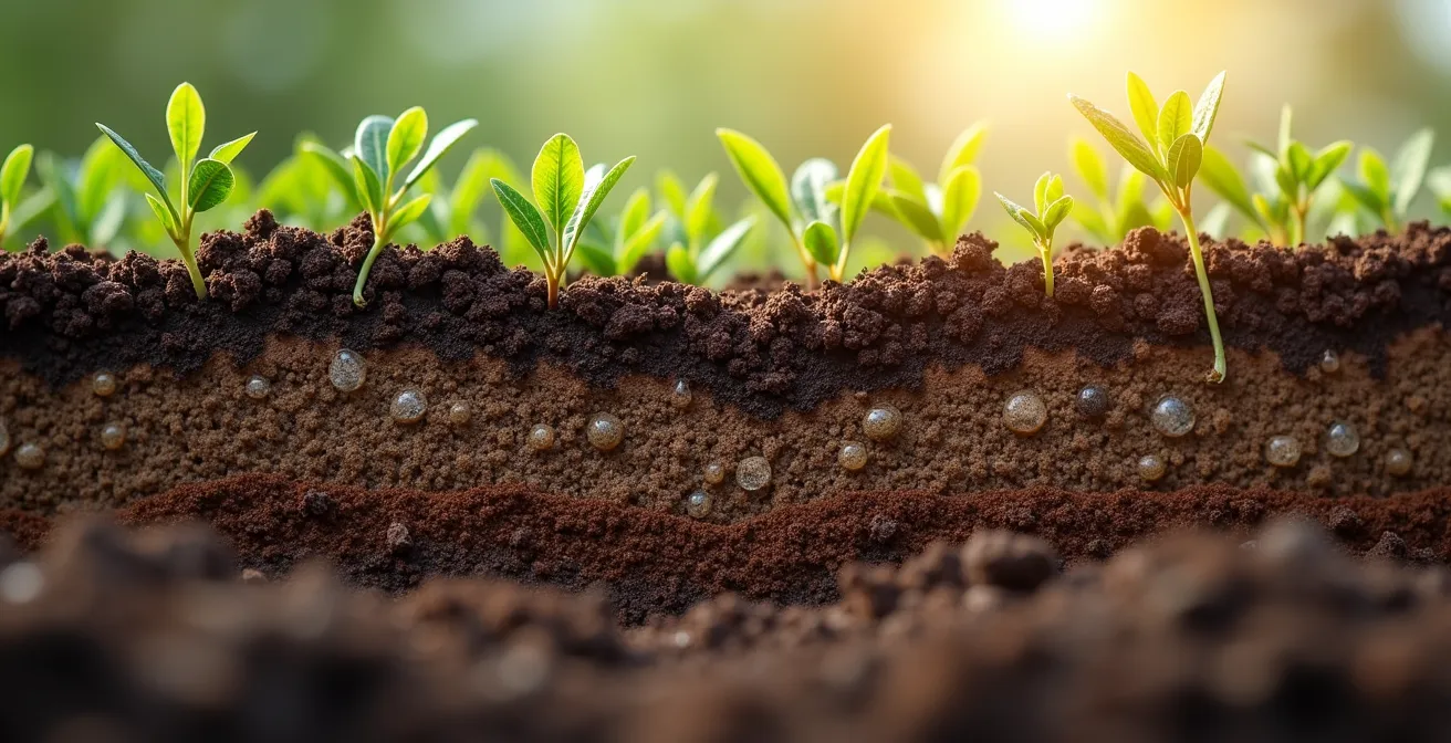 Primer plano detallado de suelo vivo con materia orgánica en descomposición, raíces visibles, hongos microscópicos y ecosistema edáfico completo, contexto agrícola español con cultivos de fondo.