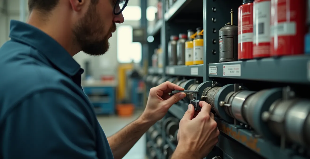 Técnico inspeccionando componentes de un pulverizador agrícola en taller, representando mantenimiento productivo total y TPM en maquinaria.