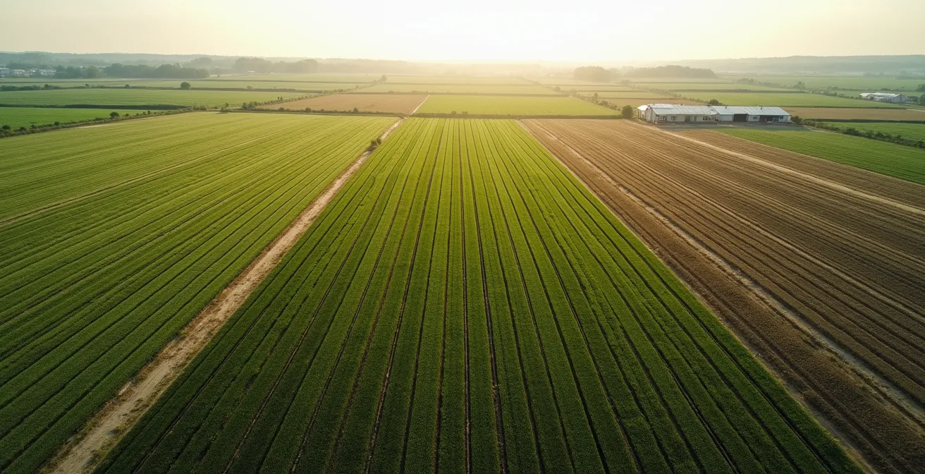 Vista aérea de parcela con zonas de compactación del suelo, nemátodos en raíces y variabilidad natural del terreno versus estrés hídrico real