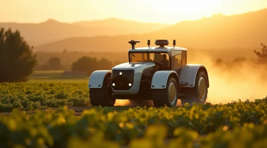 Tractor autónomo trabajando en el campo español bajo un cielo despejado con cultivos de fondo