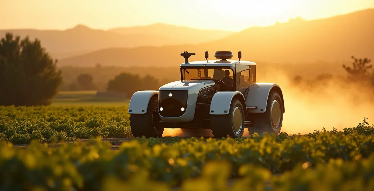Tractor autónomo trabajando en el campo español bajo un cielo despejado con cultivos de fondo