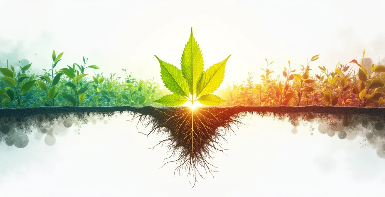 Diagrama visual mostrando la intersección de tres métodos de diagnóstico nutricional: imágenes satelitales NDVI desde el cielo, análisis foliares en laboratorio, y análisis de savia en campo, convergiendo hacia un diagnóstico completo del estado nutricional del cultivo.