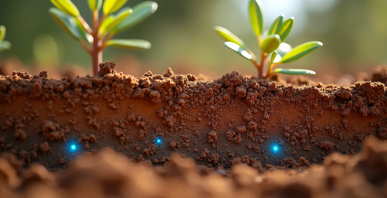 Corte transversal de suelo mostrando instalación estratégica de sensores a múltiples profundidades en plantación superintensiva de olivar