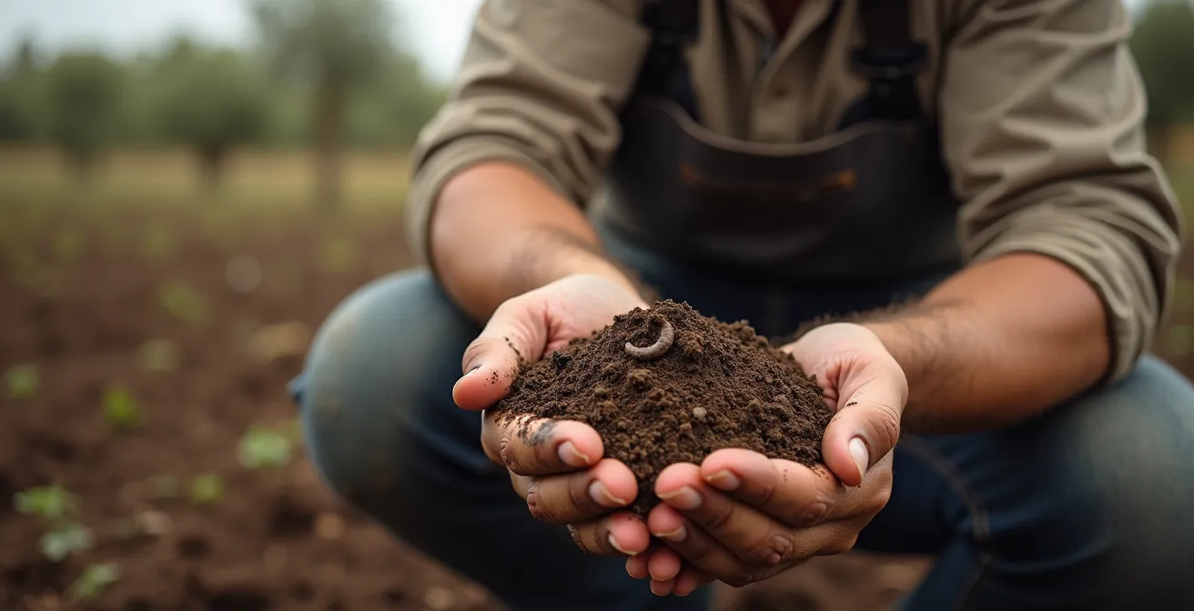 Agricultor examinando la calidad del suelo regenerado en su finca española