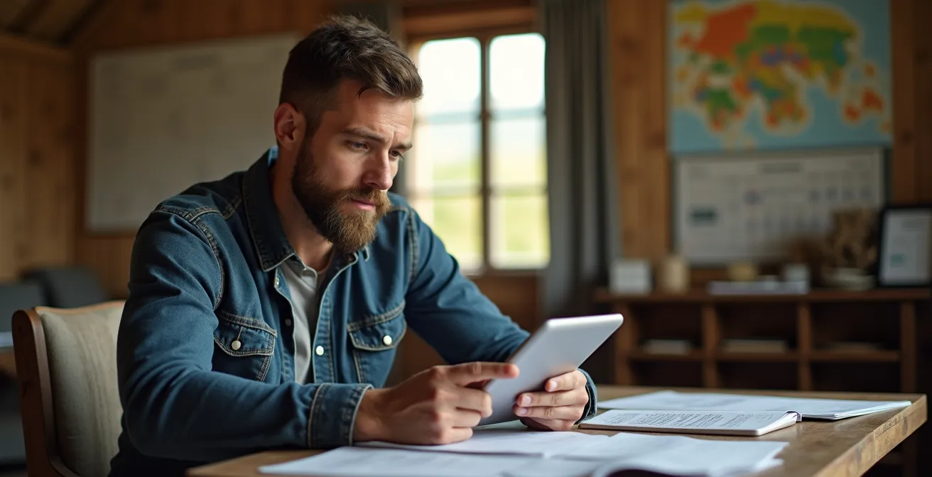 Agricultor español revisando planificación semanal en oficina rural con vista a campos de cultivo