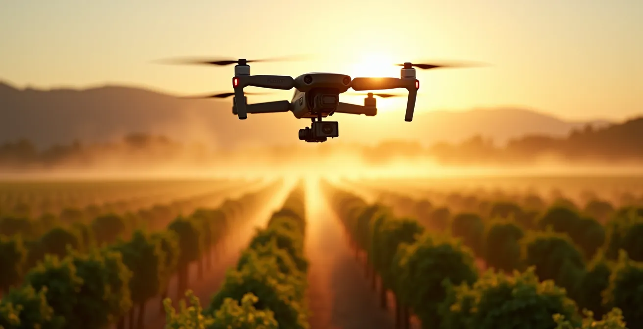 Drone sobrevolando viñedos españoles capturando datos para optimización de fertilización