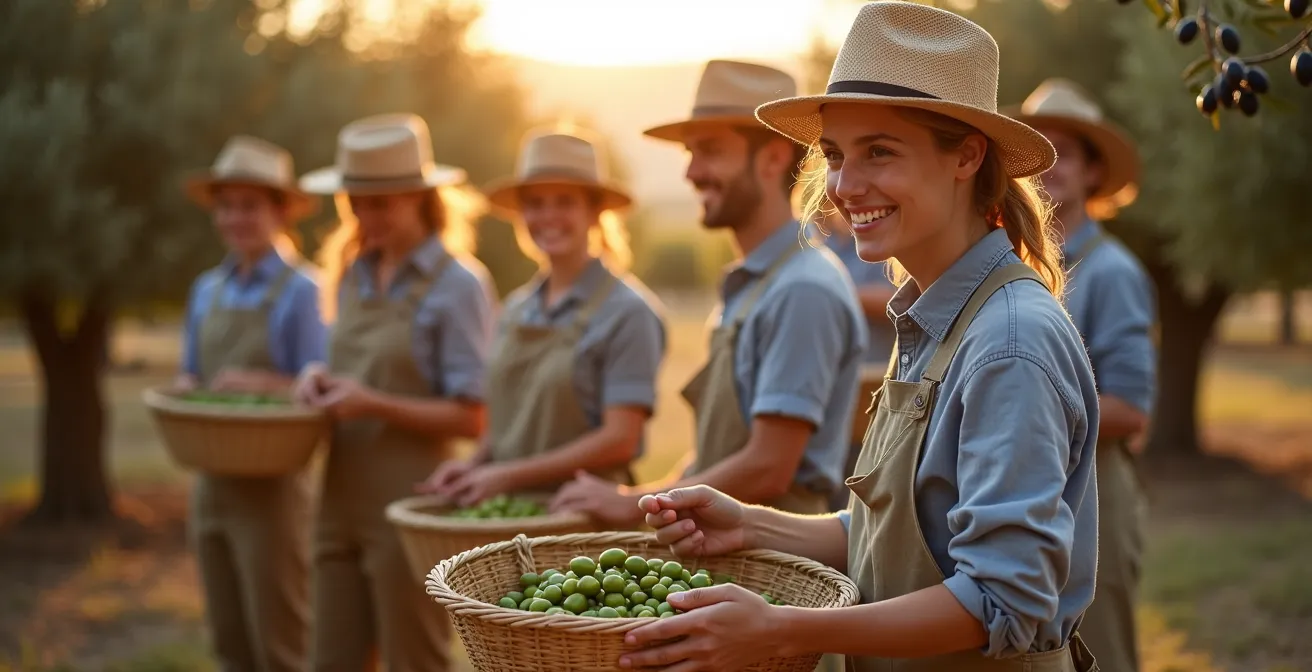 Grupo de visitantes participando en taller de recolección de aceitunas en una finca ecológica española al atardecer