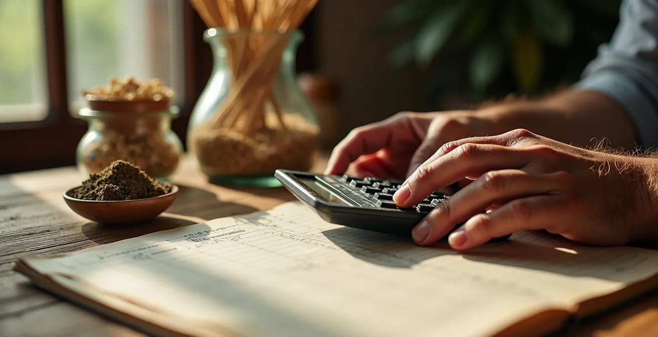 Detalle macro de calculadora y documentos financieros agrícolas sobre mesa de madera