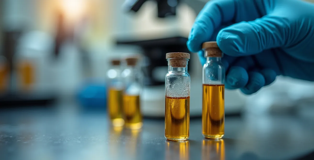 Técnico de laboratorio analizando muestras de forraje con microscopio en laboratorio agrario español