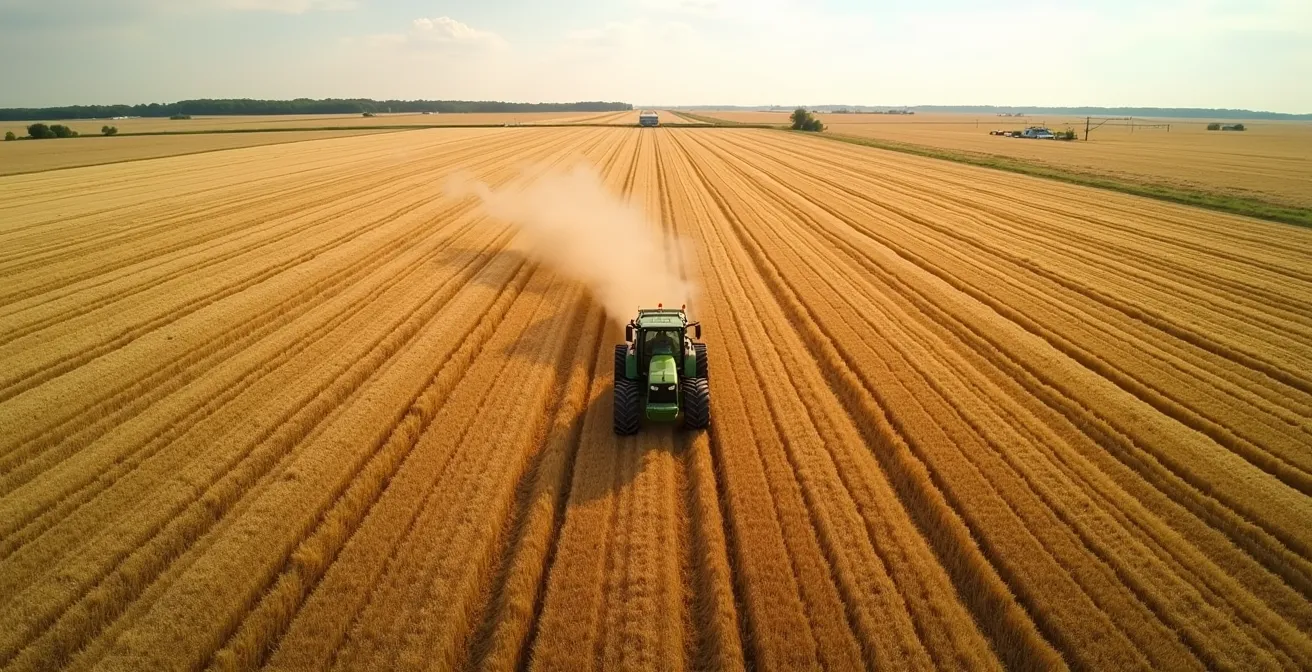 Vista aérea de tractor optimizando rutas de trabajo en campo agrícola