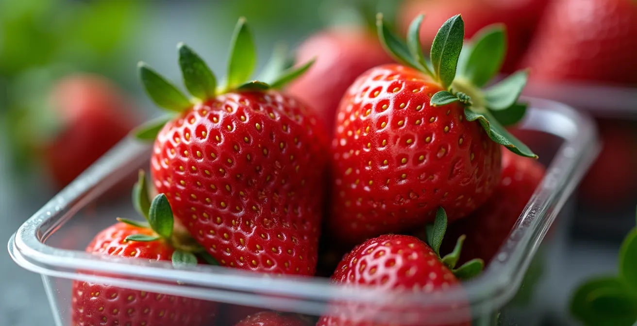 Vista macro de fresas frescas en envase transparente mostrando el proceso de conservación