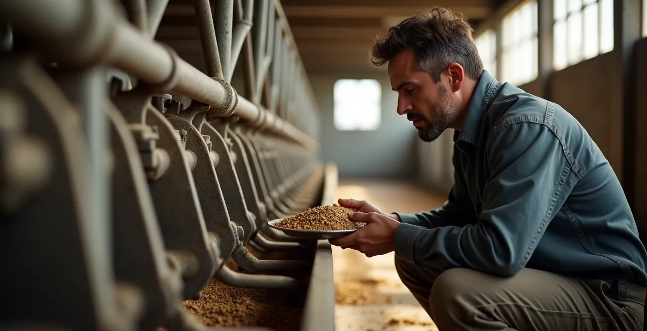 Ganadero realizando auditoría de comederos con bandeja para medir desperdicio de pienso