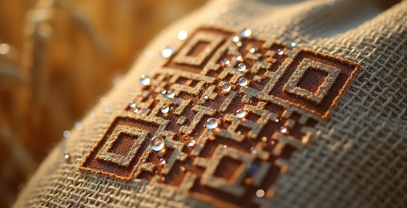 Detalle macro de código QR en saco de semillas con textura de arpillera