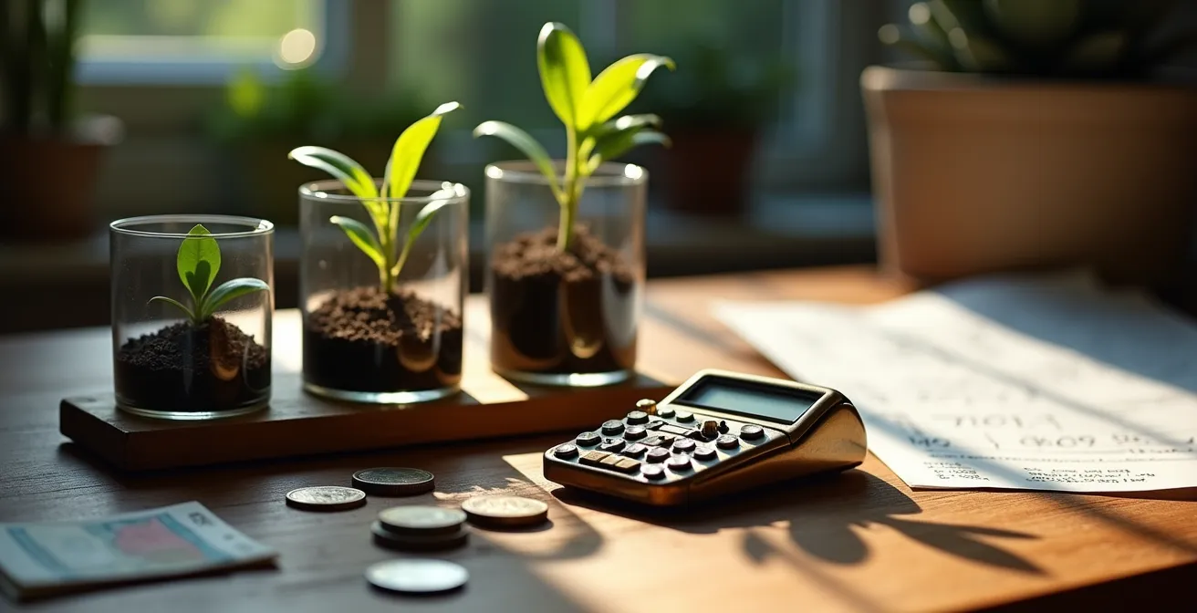 Composición minimalista mostrando muestras de suelo, calculadora vintage y billetes euros sobre mesa de madera