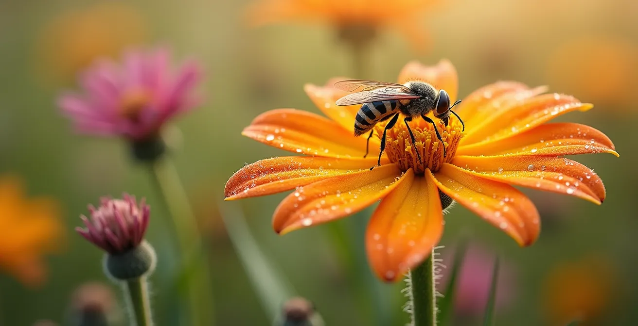 Vista de un campo con zonas de vegetación silvestre intercaladas entre los cultivos, mostrando la biodiversidad.