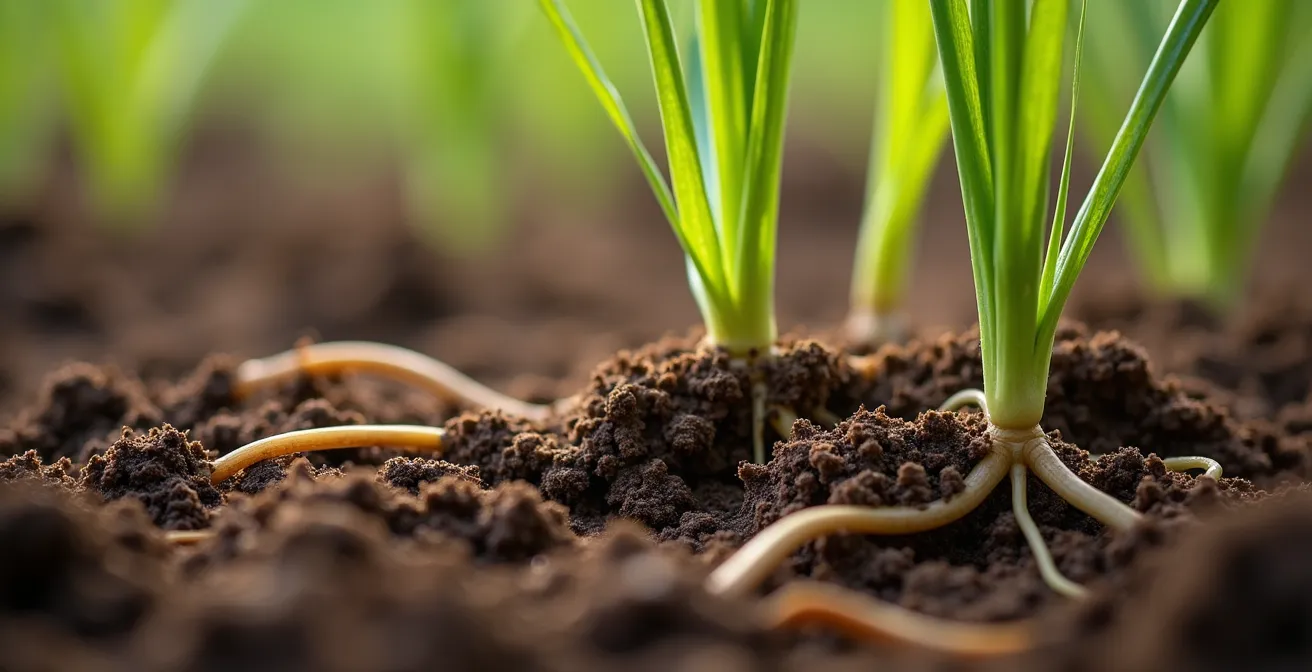 Detalle macro de raíces de centeno liberando compuestos alelopáticos en el suelo para controlar malas hierbas.