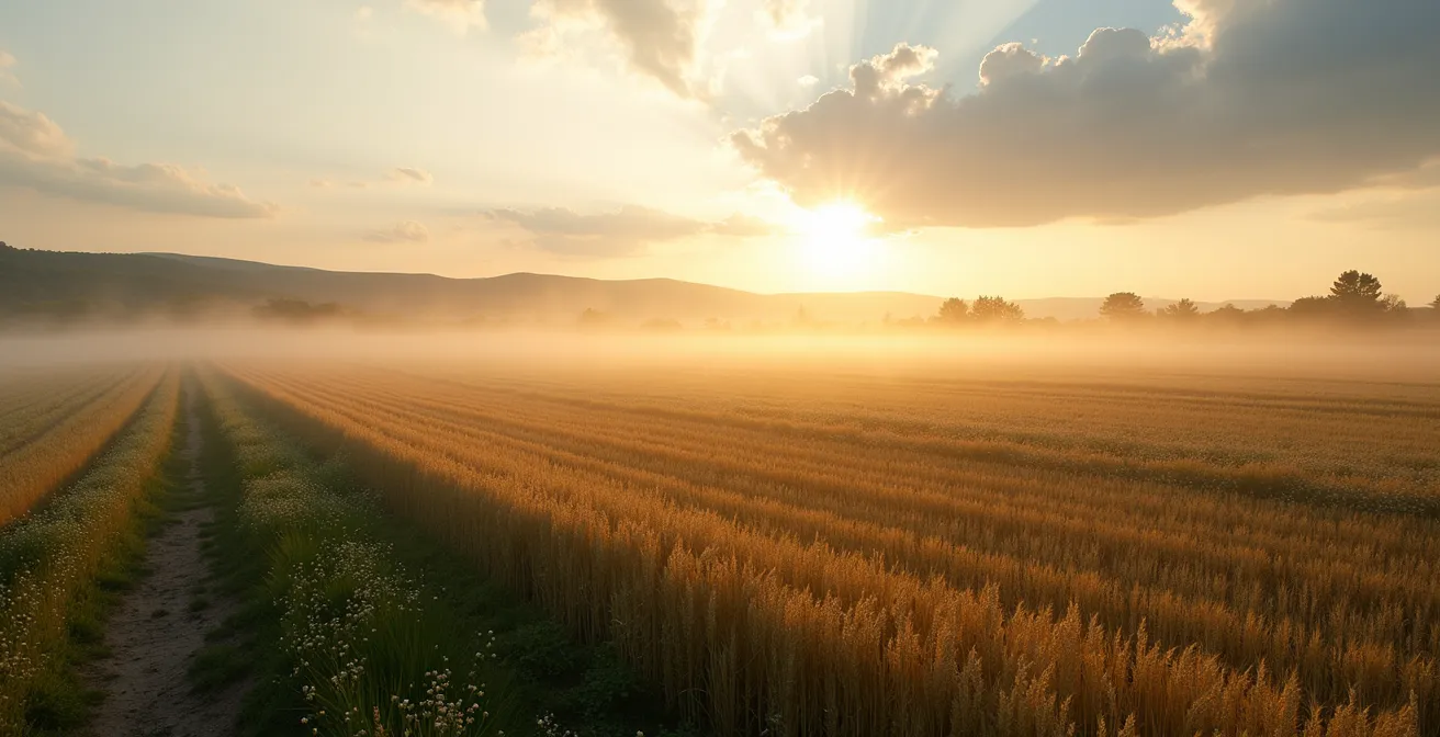 Vista amplia de campo de cereales con agricultura regenerativa mostrando diversidad de cultivos y franjas de biodiversidad