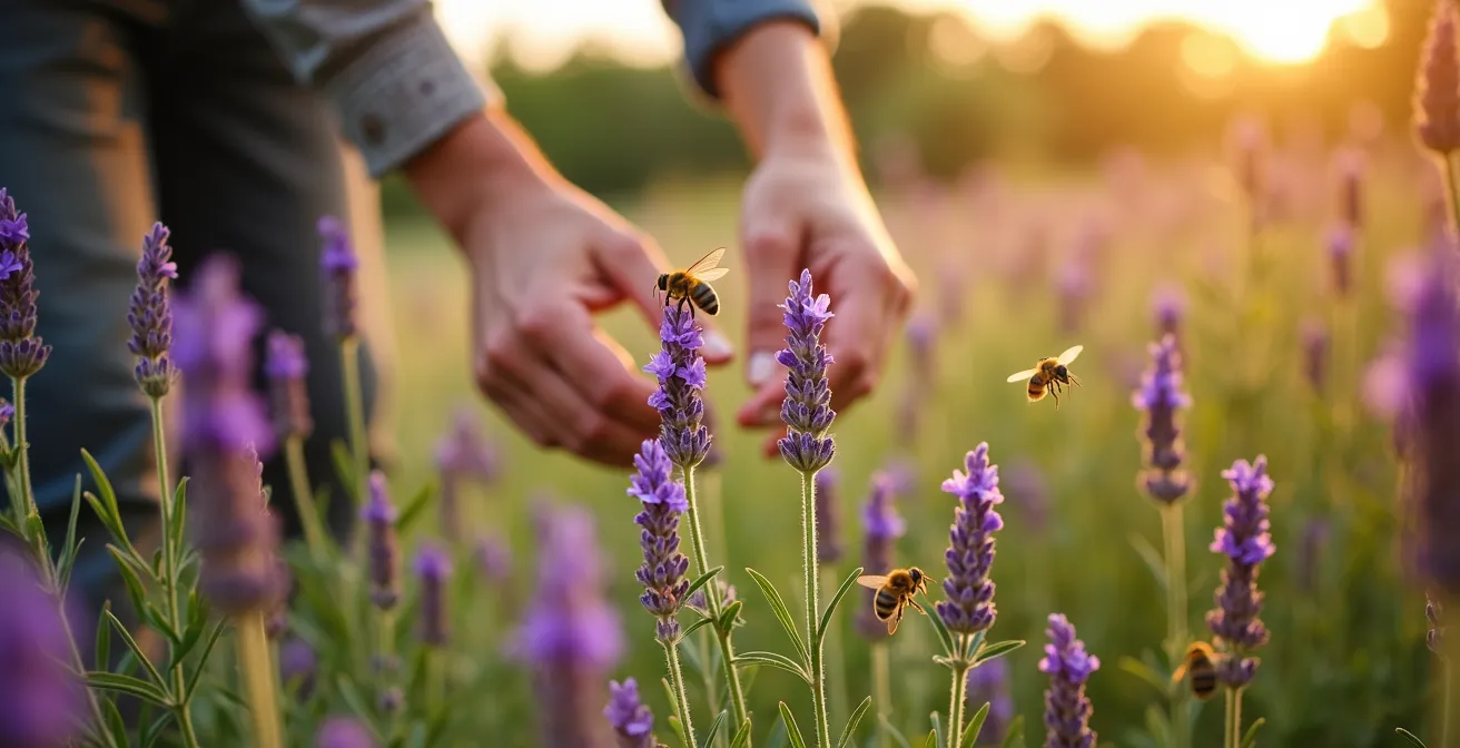 Campo de flores mediterráneas con abejas y mariposas polinizando bajo luz dorada