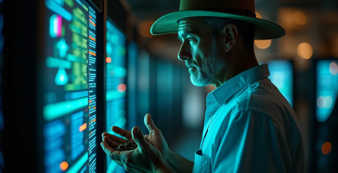 Centro de gestión agrícola moderno con equipamiento tecnológico visto desde atrás