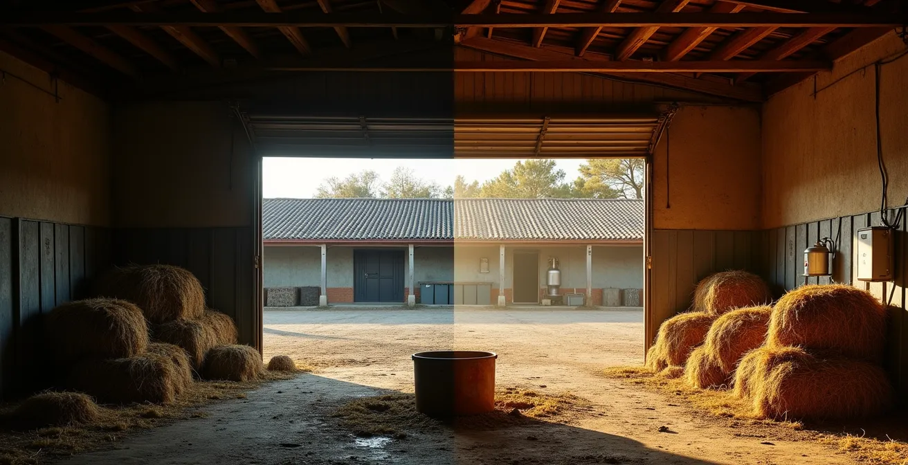 Composición dividida mostrando lado izquierdo con prácticas incorrectas y lado derecho con alimentación optimizada en granja española