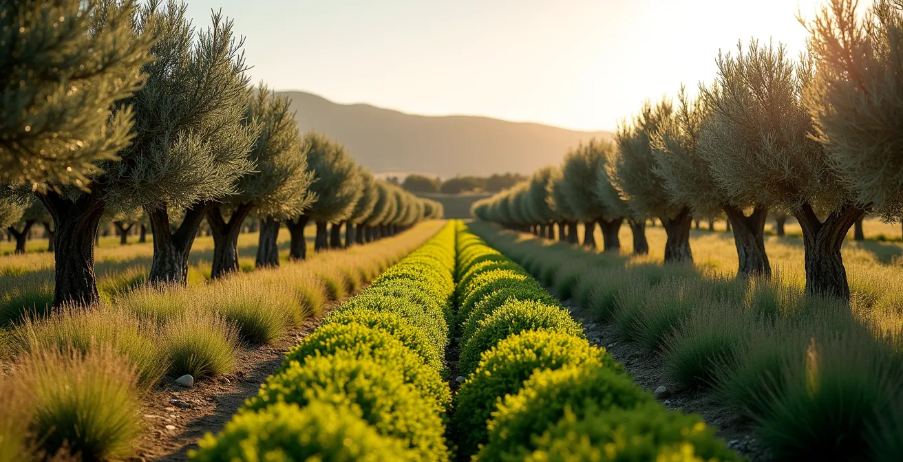 Vista amplia de olivar con cubierta vegetal florida entre hileras bajo cielo azul mediterráneo