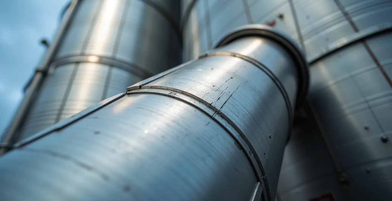 Detalle técnico de diseño de silo con conos angulares y sellados herméticos contra plagas