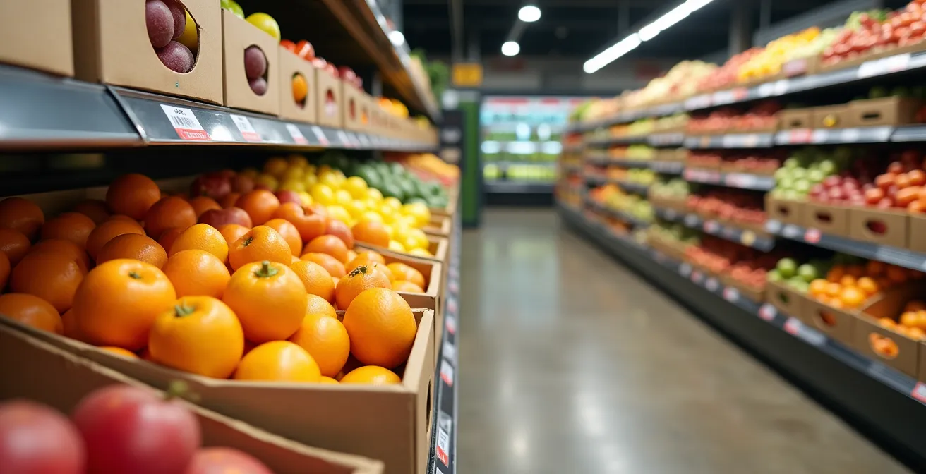 Expositor de frutas en supermercado mostrando el diseño de ventanas en los envases