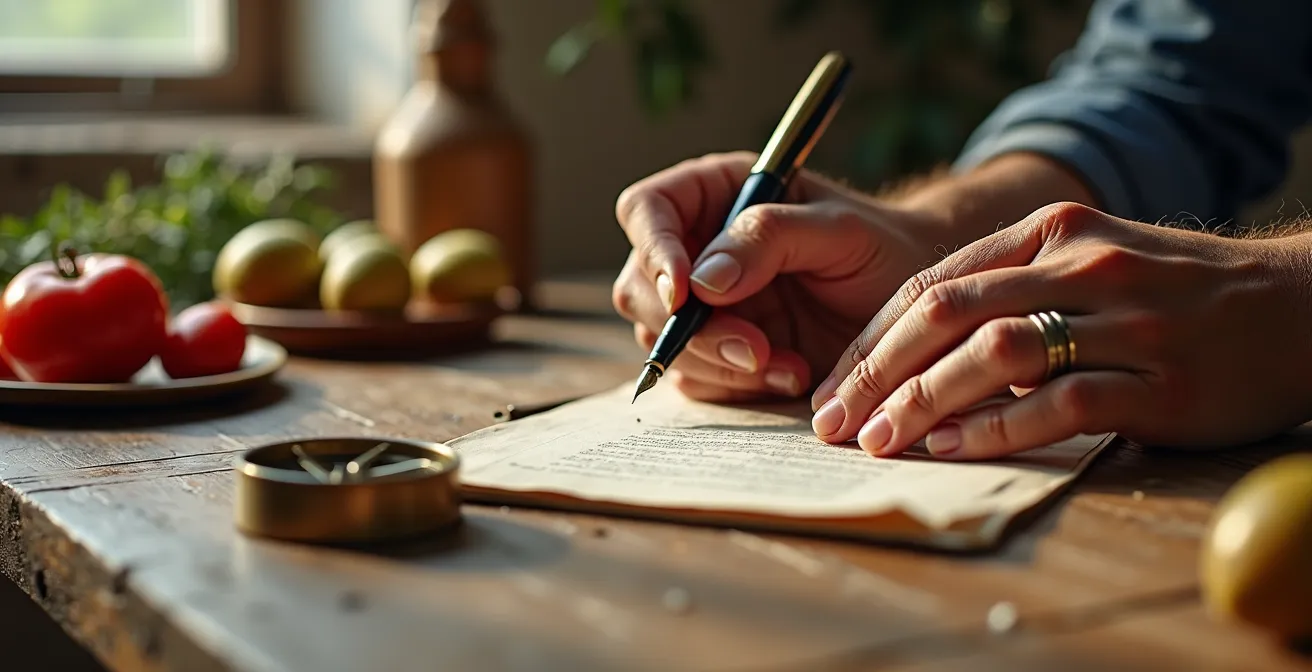 Mesa de trabajo con documentos agrícolas y elementos de finca española