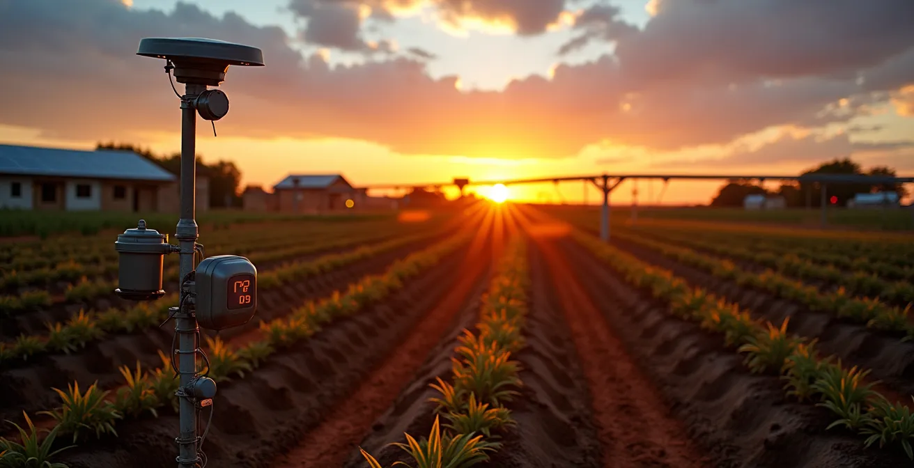 Vista panorámica de campo agrícola con sensores IoT y tecnología conectada al atardecer