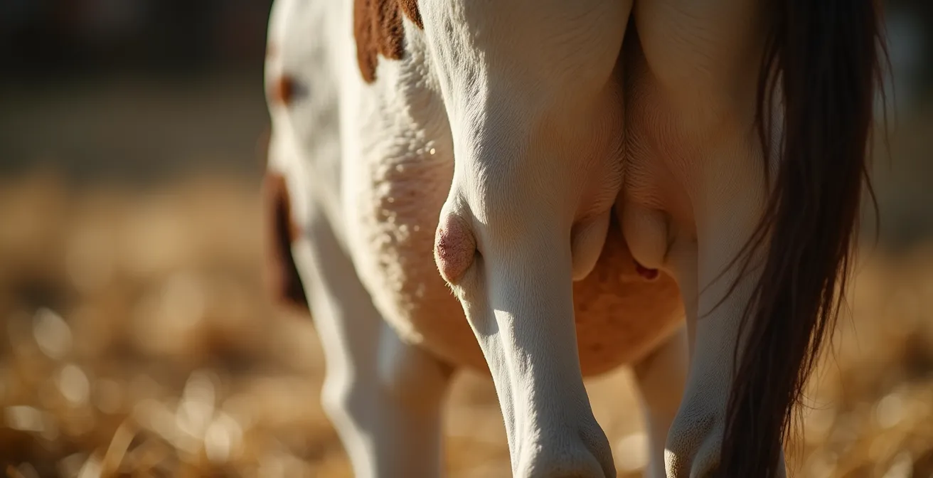 Vista posterior de vaca Frisona mostrando puntos de evaluación de condición corporal en grupa y lomo