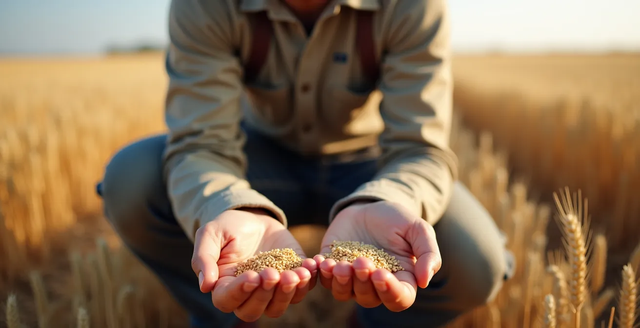 Un técnico agrícola examina franjas de ensayo con diferentes variedades de trigo en un campo experimental, validando los resultados con datos de precisión.