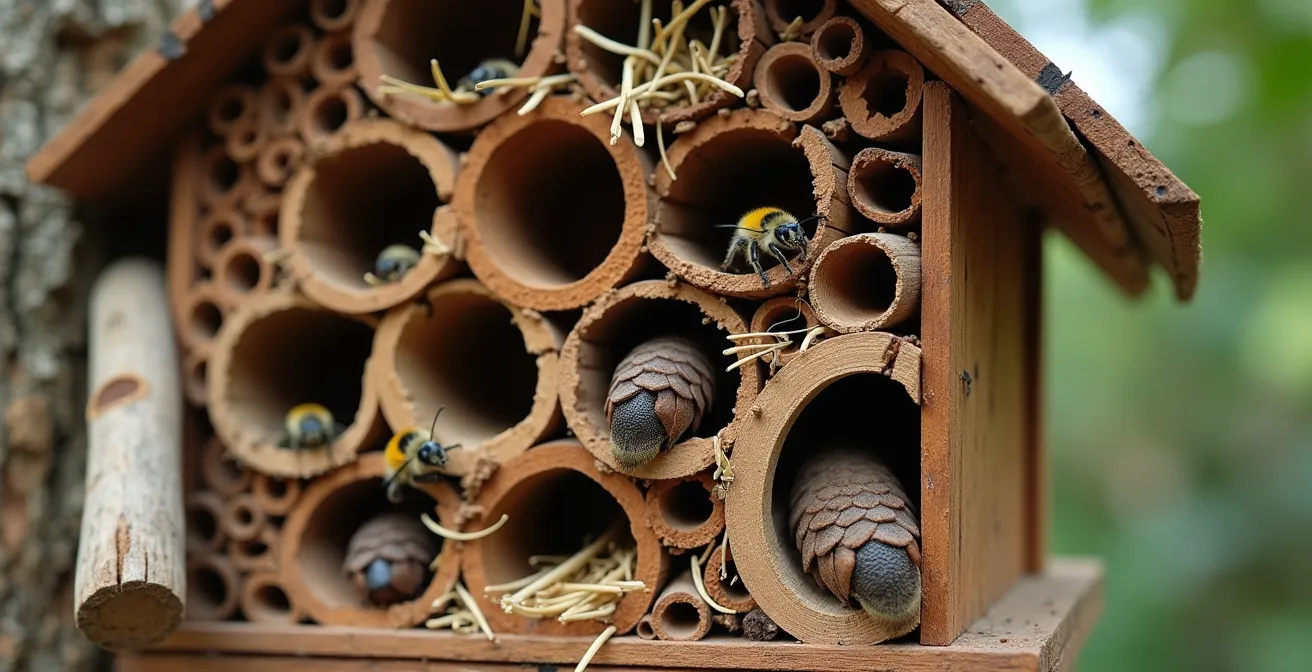 Hotel de insectos artesanal con múltiples compartimentos de materiales naturales en huerto ecológico