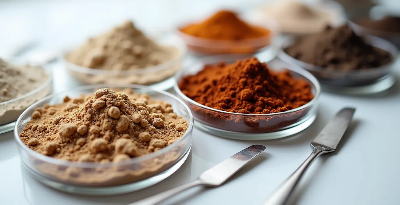 Detalle macro de diferentes texturas y colores de muestras de suelo español sobre superficie de laboratorio