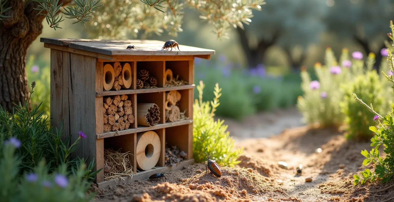 Hotel de insectos artesanal integrado en huerto mediterráneo con diversidad de refugios naturales