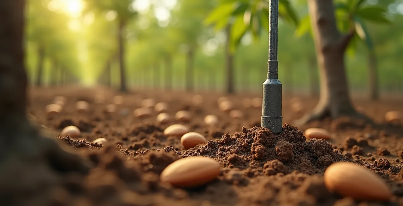 Detalle macro de sensor de temperatura insertado en suelo junto a raíces de almendro en Aragón