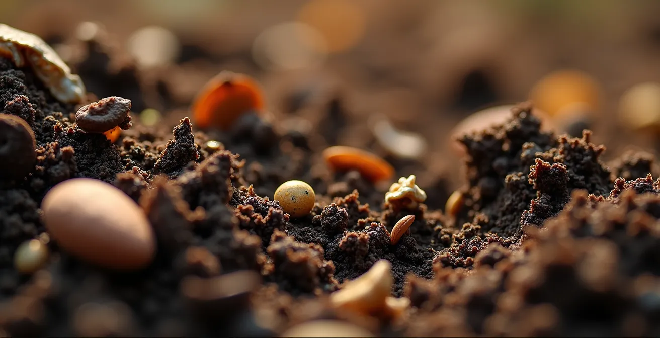 Vista macro de compost rico en nutrientes con diferentes texturas de materia orgánica en descomposición