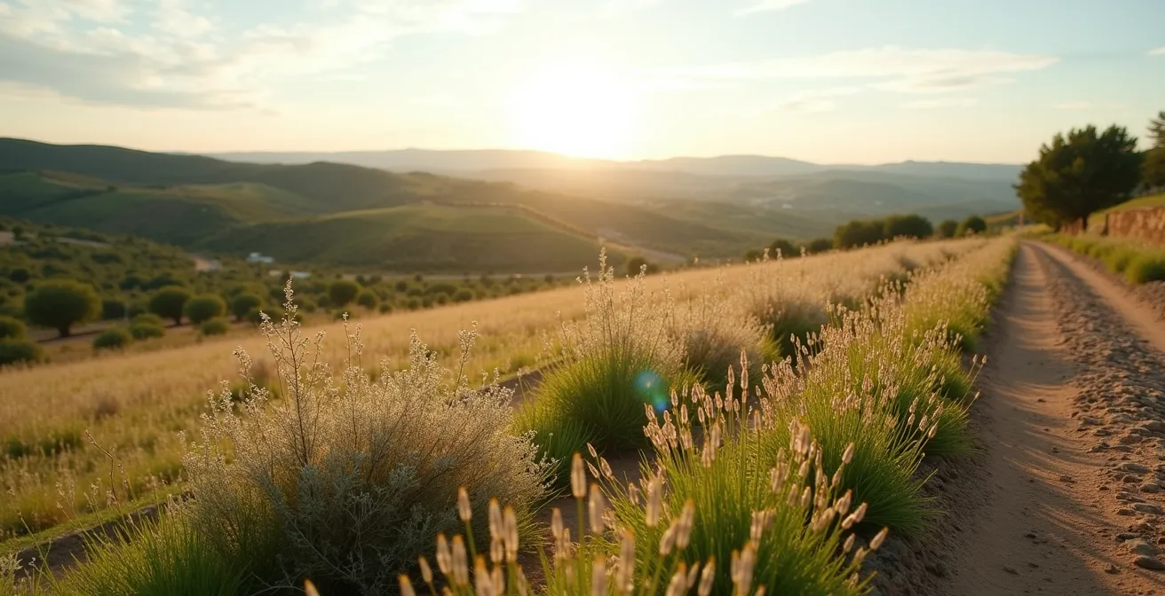 Márgenes floridos con especies autóctonas en un campo agrícola español, creando corredores de biodiversidad.
