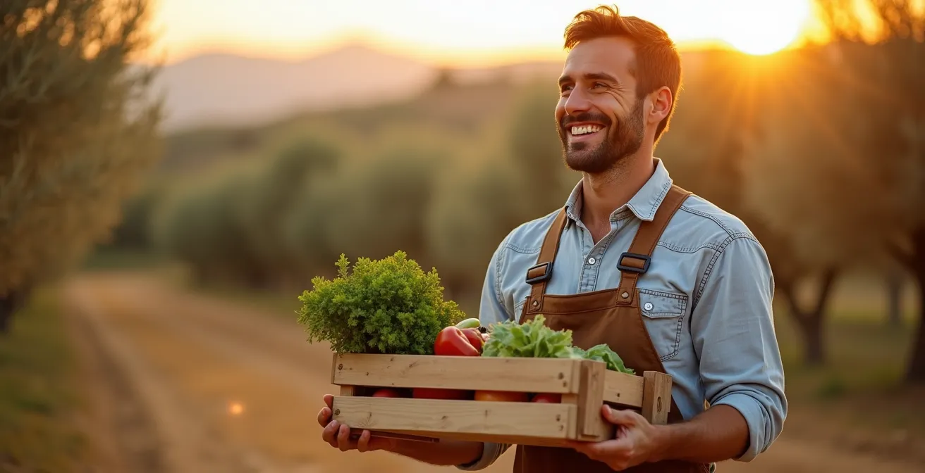 Agricultor español compartiendo contenido en redes sociales desde el campo