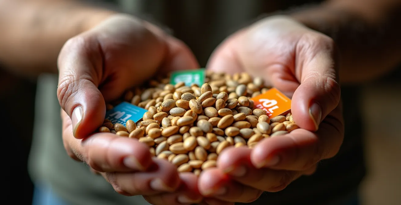 Manos de agricultor español sosteniendo diferentes tipos de semillas certificadas con etiquetas oficiales de colores