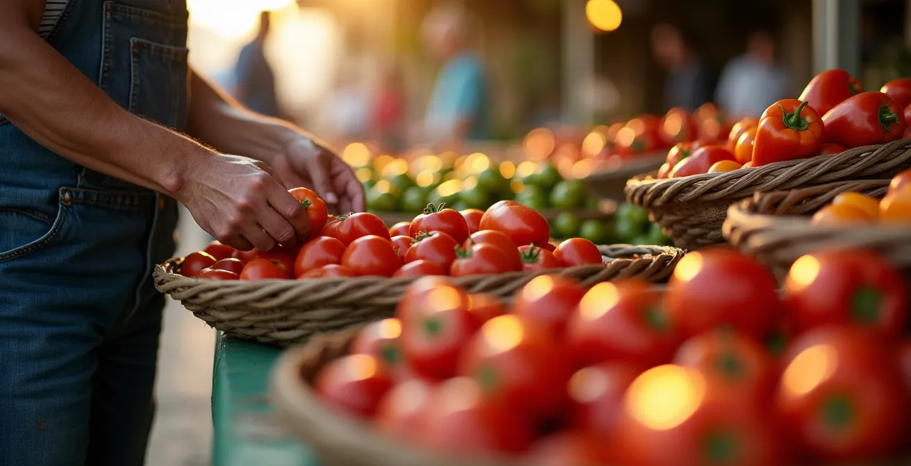 Puesto de mercado español con productos frescos dispuestos artísticamente bajo luz natural dorada