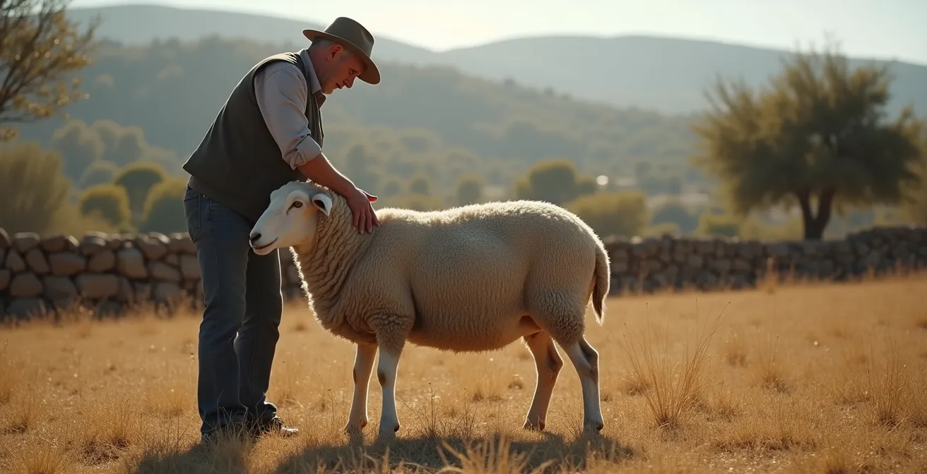 Pastor evaluando la condición corporal de una oveja merina en dehesa española