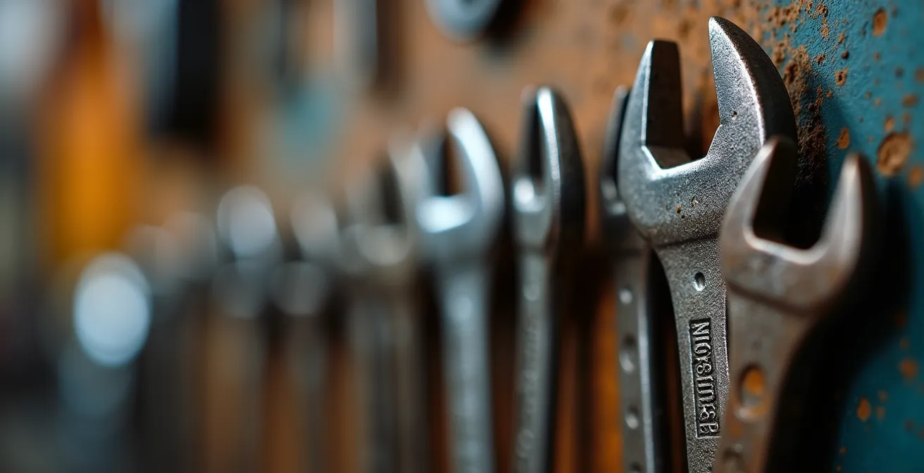 Interior de taller agrícola perfectamente organizado con sistema 5S