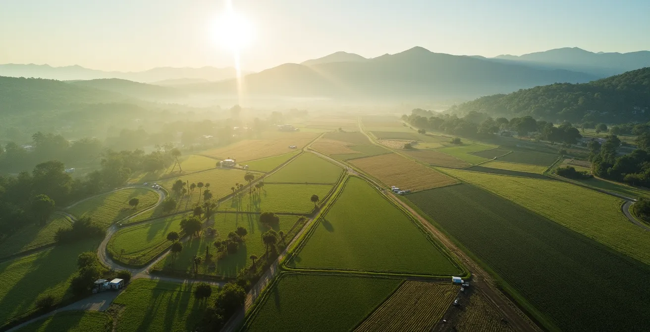 Vista aérea de parcelas agrícolas diversificadas con franjas florales para polinizadores y cultivos intercalados